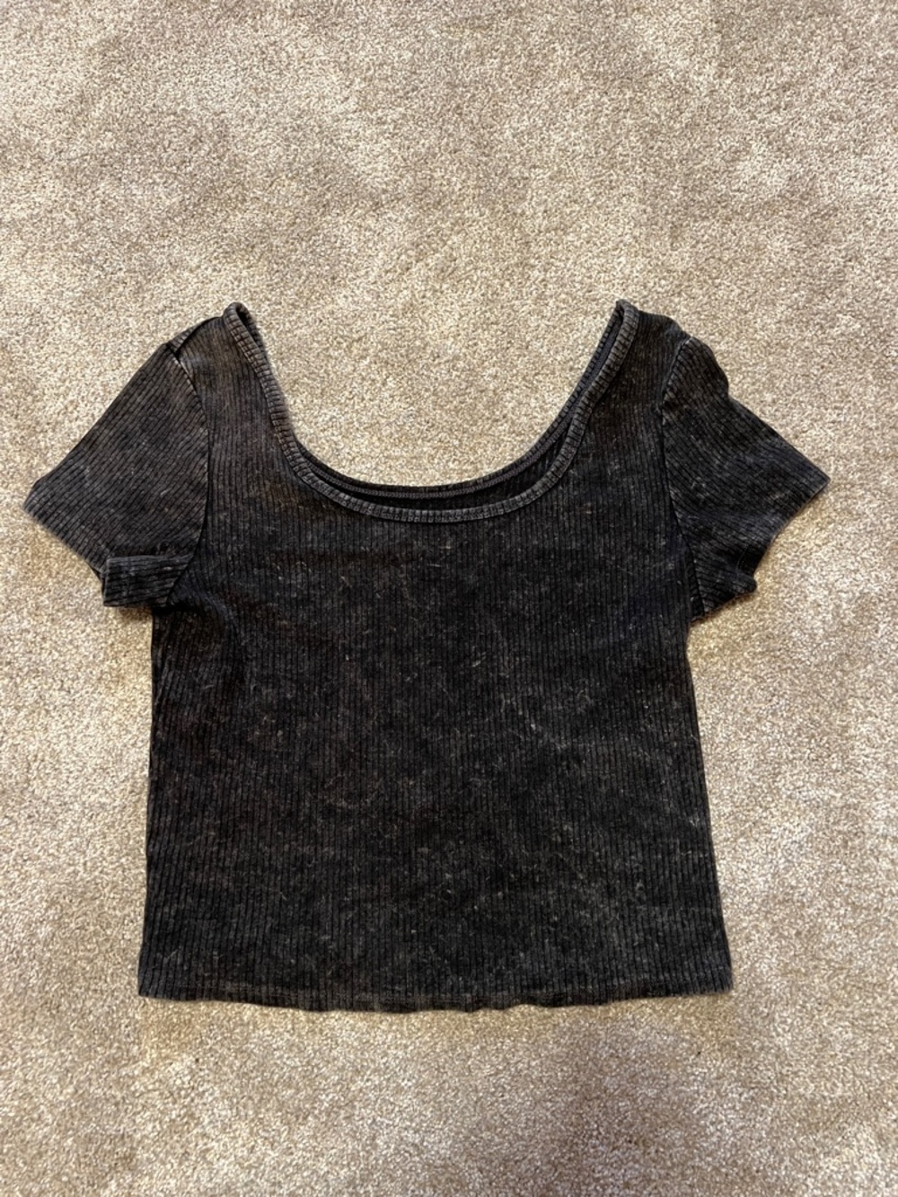 Black Rib Wide Scoop Neck Short Sleeve Crop Top